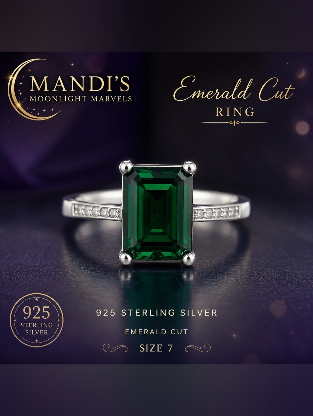 Emerald Cut 925 Sterling Silver Ring - Green - Size 7